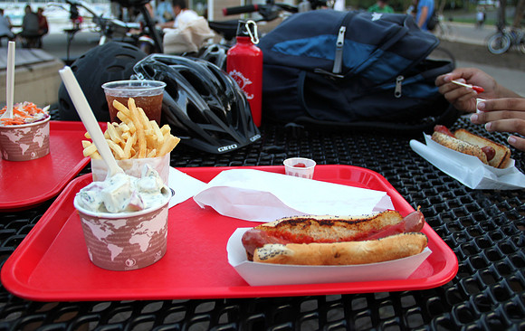 All beef dog, potato salad & French fries